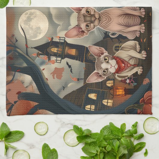 Linge De Cuisine Halloween sphynx chats Éffrayant (Plié)