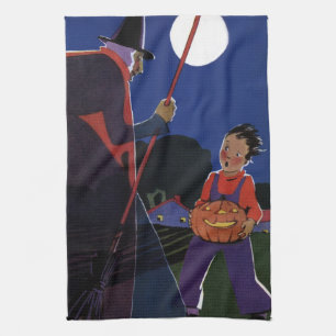 Linge De Cuisine Halloween vintage, sorcière effrayante avec garçon