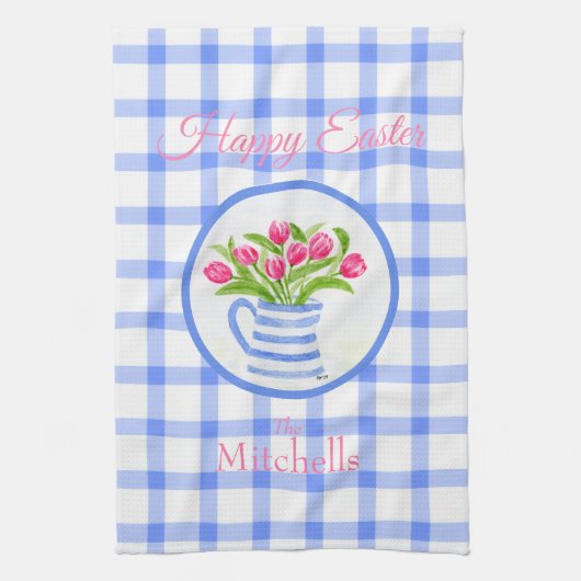Linge De Cuisine Happy Easter Watercolor Tulips Blue Check (Vertical)