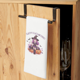 Linge De Cuisine Happy Halloween violet sorcière Citrouilles et cha