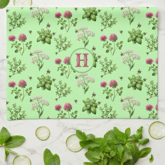 Linge De Cuisine Herbes d'abeilles rose vert Monogramme initial (Plié)