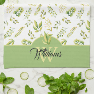 Linge De Cuisine Herbes vertes Motif Monogramme sur blanc