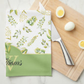 Linge De Cuisine Herbes vertes Motif Monogramme sur blanc (Quart Plié)