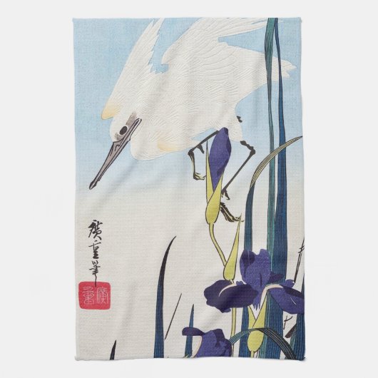 Linge De Cuisine Héron blanc et iris en fleurs, Hiroshige (Vertical)