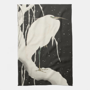 Linge De Cuisine Heron blanc, oiseau neige hiver vintage illustrati