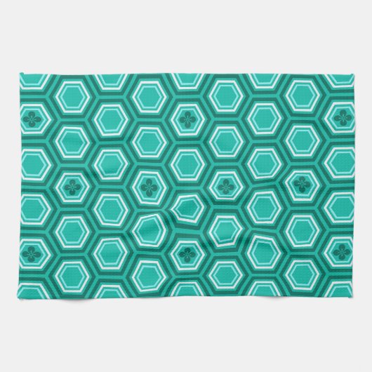 Linge De Cuisine Hexagonal Kimono Imprimer, Turquoise, Aqua et Blan (Horizontal)