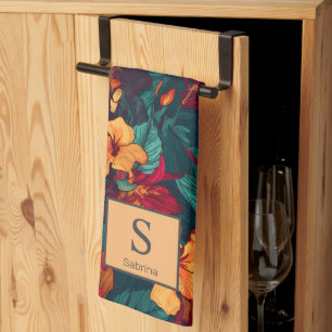 Linge De Cuisine Hibiscus coloré avec Monogramme et nom, Floral