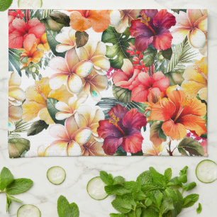 Linge De Cuisine Hibiscus floral rouge tropical blanc jaune