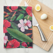 Linge De Cuisine hibiscus rouge, orchidées, aquarelle tropicale. (Quart Plié)