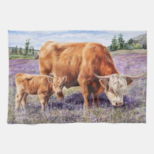 Linge De Cuisine Highland Cow and Calf Purple Fleurs sauvages