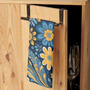 Linge De Cuisine Hippie rétro Fleurs Vintages Design bleu jaune