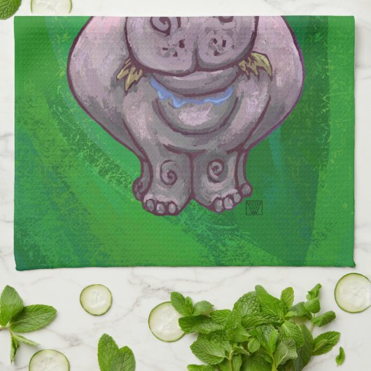 Linge De Cuisine Hippo Festif Sur Vert (Plié)