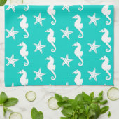 Linge De Cuisine Hippocampe et étoile de mer - blanc sur turquoise (Plié)
