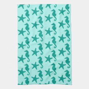 Linge De Cuisine Hippocampe et poisson étoile - turquoise et aqua