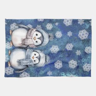 Linge De Cuisine Hiver Bleu Aquarelle Pingouins Écarts Casquette