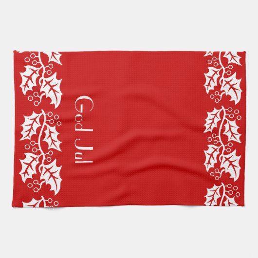 Linge De Cuisine hollies blanches en rouge - Dieu Jul (Horizontal)