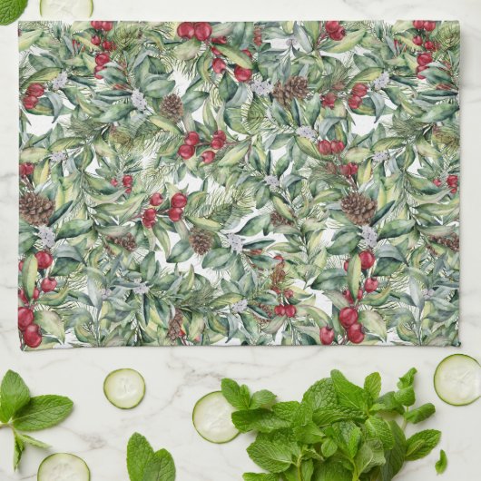 Linge De Cuisine Holly, Berries rouges, Mistletoe, Verdure de Noël (Plié)
