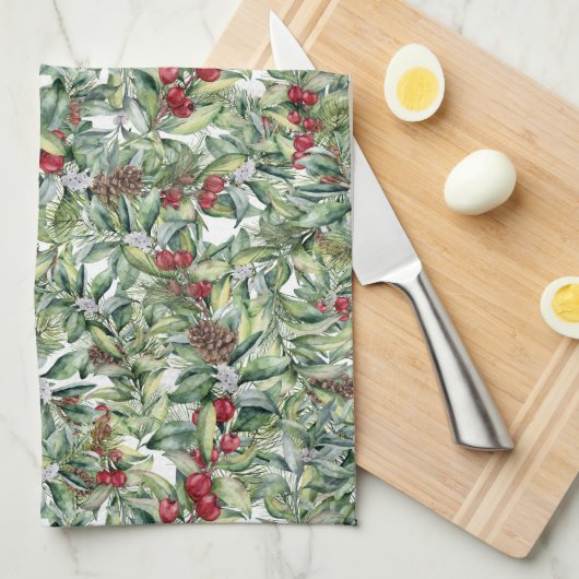 Linge De Cuisine Holly, Berries rouges, Mistletoe, Verdure de Noël (Quart Plié)
