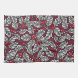 Linge De Cuisine Holly berry, gray leaves on dark red