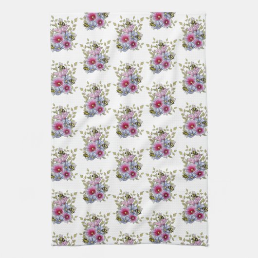 Linge De Cuisine Hollyhocks and Blue Flowers with Bumble BEES (Vertical)