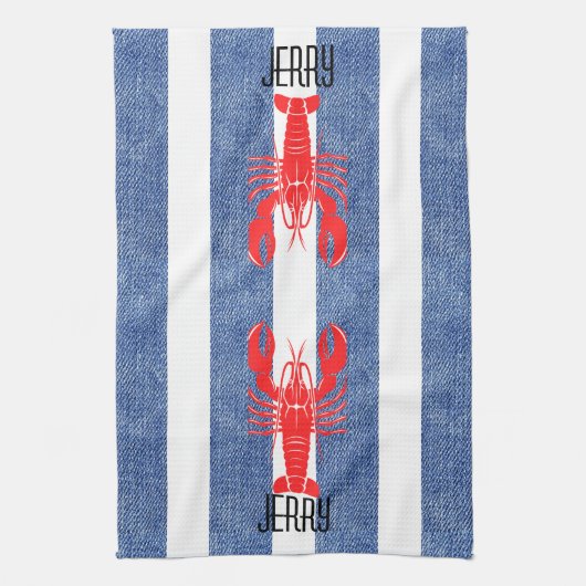 Linge De Cuisine Homard rouge sur Bleu Blanc Denim Stripes (Vertical)