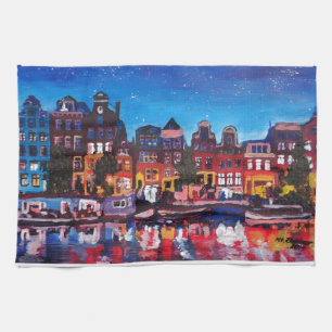 Linge De Cuisine Horizon d'Amsterdam avec le canal la nuit