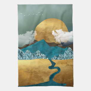 Linge De Cuisine Horizon Doré avec Montagnes Bleues