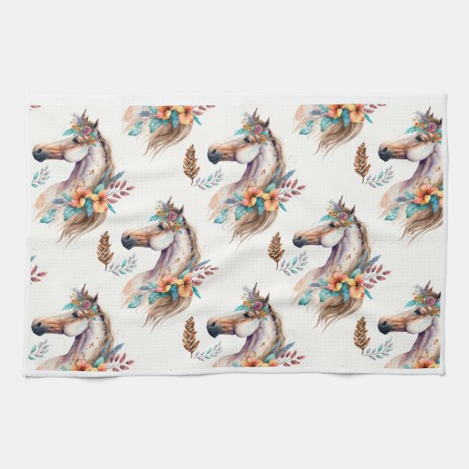 Linge De Cuisine Horse boho fleurs florales sans couture motif (Horizontal)