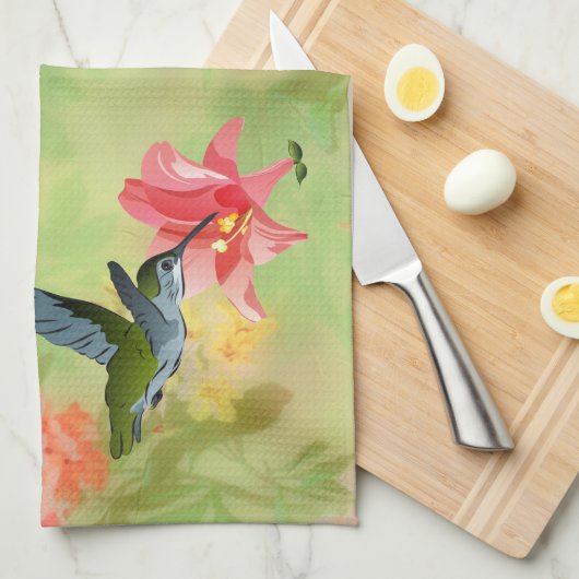 Linge De Cuisine Hummingbird and Pink Lily on Floral (Quart Plié)