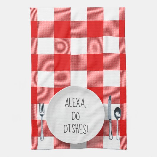 Linge De Cuisine Humour de la commande Alexa sur buffalo plaid (Vertical)