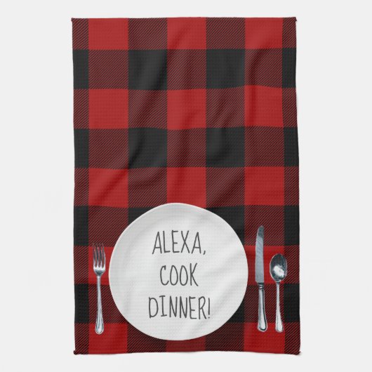 Linge De Cuisine Humour de la commande Alexa sur buffalo plaid (Vertical)