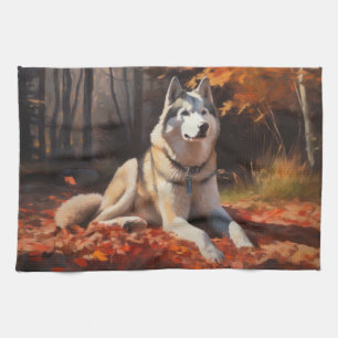 Linge De Cuisine Husky sibérien en automne, feuilles tombées inspir