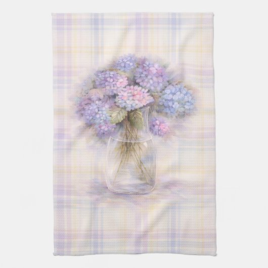 Linge De Cuisine Hydrangea Tea Towel | Pastel Plaid Kitchen Decor (Vertical)