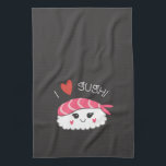 Linge De Cuisine I Love Sushi Japonais fruits de mer<br><div class="desc">Une mignonne serviette à plat avec un morceau de sushi kawaii et les mots que j'aime sushi en haut. Fait pour vous par Blackberry Boulevard. Un cadeau sympathique pour l'amoureux du sushi dans votre vie.</div>