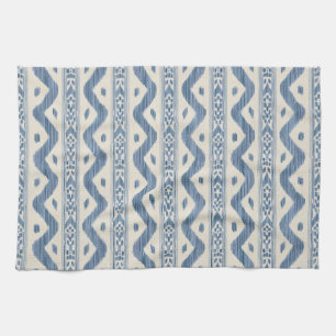 Linge De Cuisine Ikat Bleu Classique, Rayure Tissée Crème