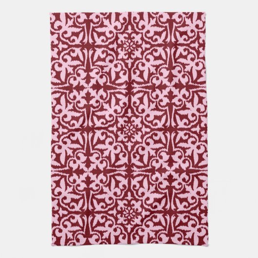 Linge De Cuisine Ikat damask pattern - Bourgogne et rose (Vertical)