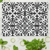 Linge De Cuisine Ikat damask pattern - noir et blanc (Plié)
