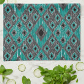 Linge De Cuisine Ikat Diamond Motif - Noir Turquoise (Plié)