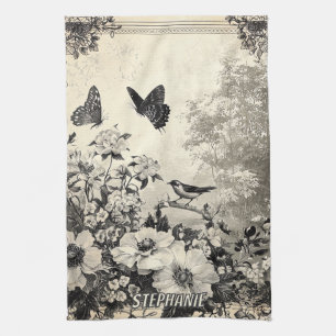 Linge De Cuisine Illustration botanique sépia Oiseaux Papillons Vin