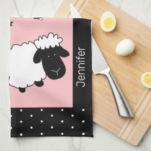 Linge De Cuisine Illustration de mouton mignon rose monogrammé