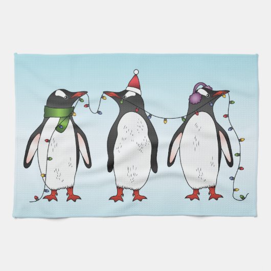 Linge De Cuisine Illustration de trois pingouins de Noël festifs (Horizontal)