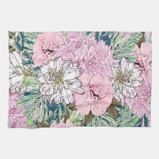 Linge De Cuisine Illustration florale rose et blanche de mignonne f (Horizontal)
