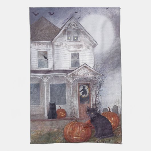 Linge De Cuisine Illustration Halloween Hauted House avec chat noir (Vertical)
