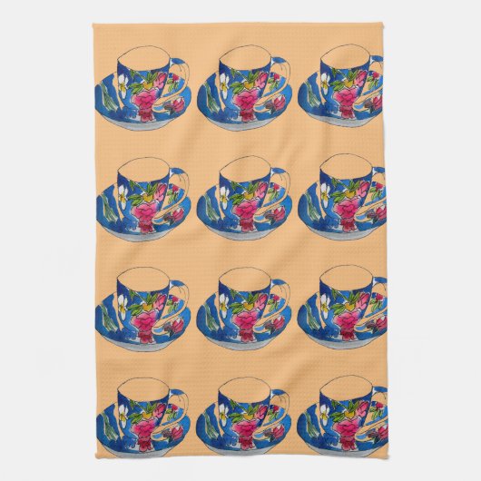 Linge De Cuisine illustration originale de l'aquarelle Teacups vint (Vertical)