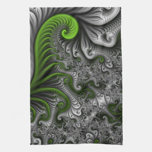 Linge De Cuisine Imaginaire Monde Vert Et Gris Art Fractal Abstrait (Vertical)
