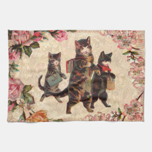 Linge De Cuisine Impression de chatons vintage allant à l'école : V
