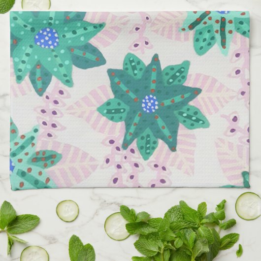 Linge De Cuisine Impression florale Festive Vert Mint (Plié)