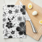Linge De Cuisine Impression florale noire et blanche (Quart Plié)