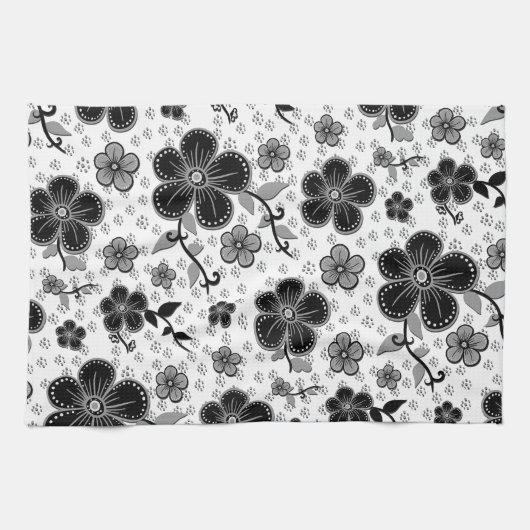 Linge De Cuisine Impression florale noire et blanche (Horizontal)