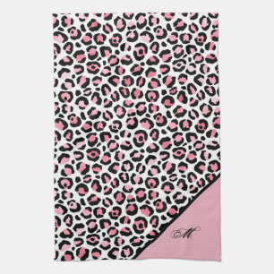 Linge De Cuisine Impression léopard en rose blanc & noir avec monog
